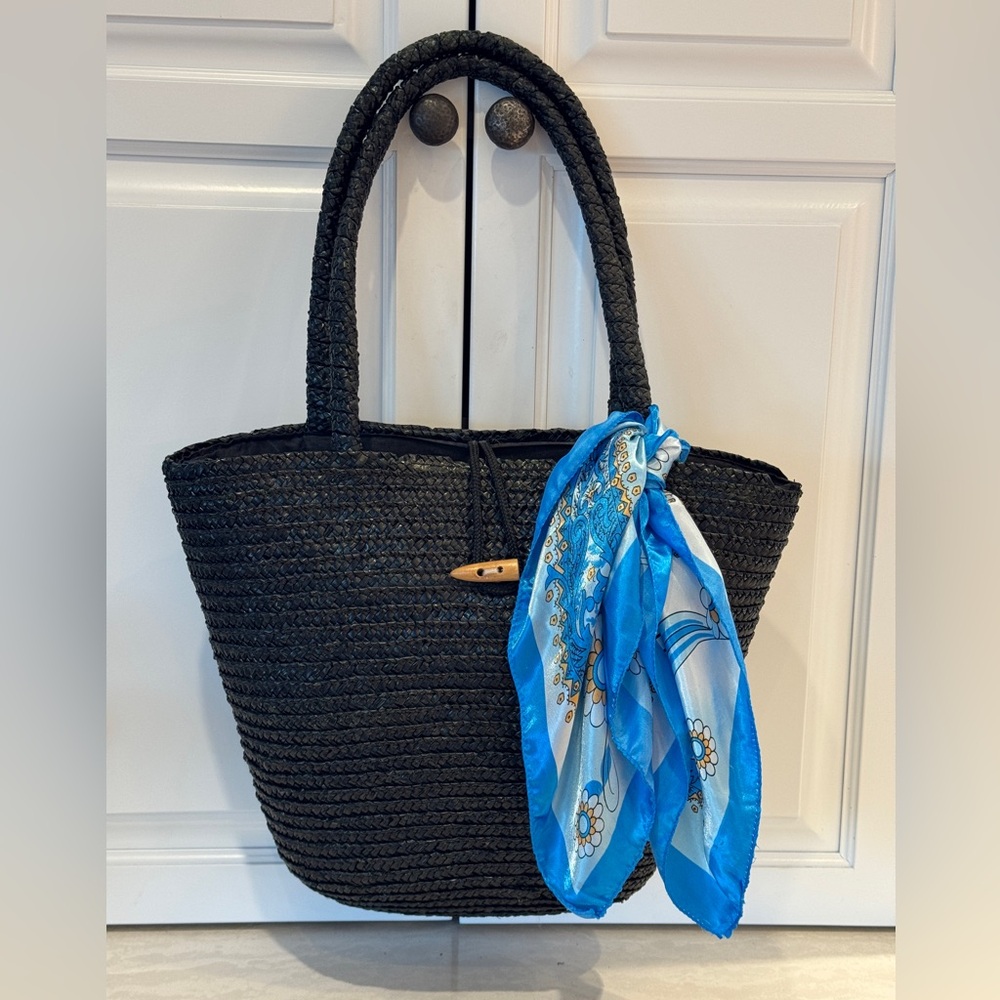 Chic Black Tote with Vibrant Blue Scarf